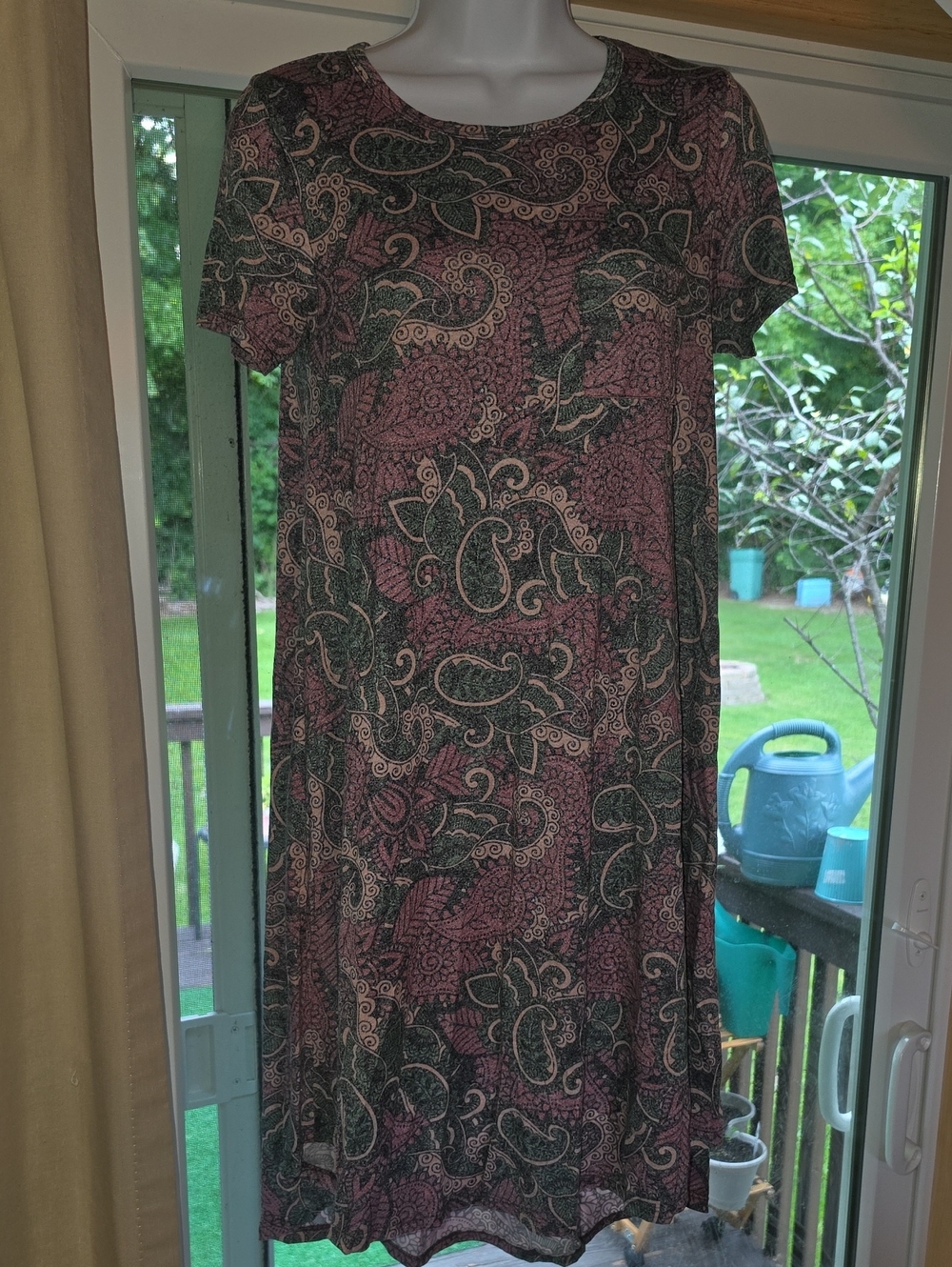 LuLaRoe Short-Sleeve Paisley Carly Swing Dress in Mauve and Dark Green